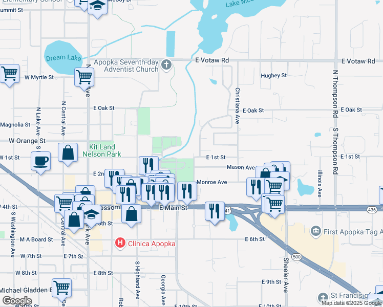 map of restaurants, bars, coffee shops, grocery stores, and more near 10 North McGee Avenue in Apopka