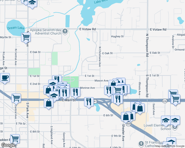 map of restaurants, bars, coffee shops, grocery stores, and more near 621 East 1st Street in Apopka