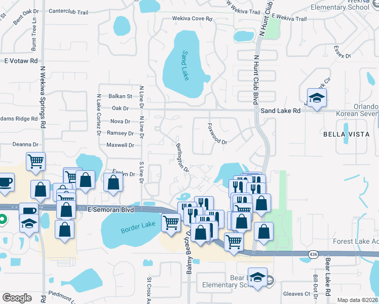 map of restaurants, bars, coffee shops, grocery stores, and more near 2971 Burlington Drive in Apopka