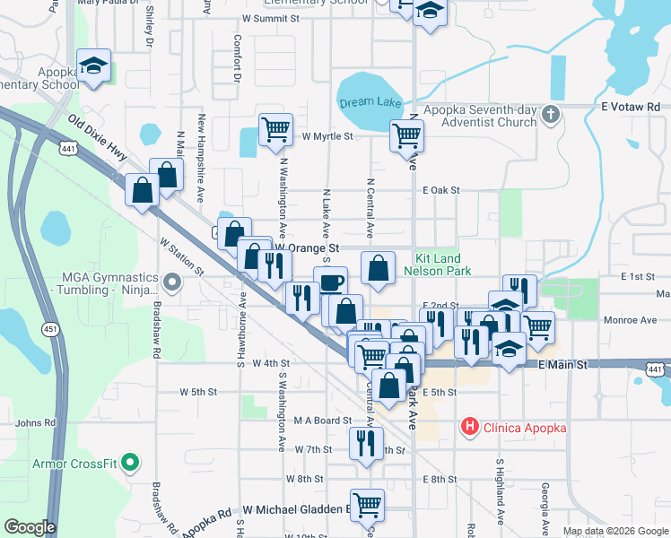 map of restaurants, bars, coffee shops, grocery stores, and more near 61 West 1st Street in Apopka