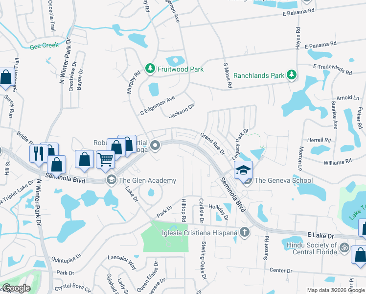 map of restaurants, bars, coffee shops, grocery stores, and more near 1256 Ash Tree Cove in Casselberry