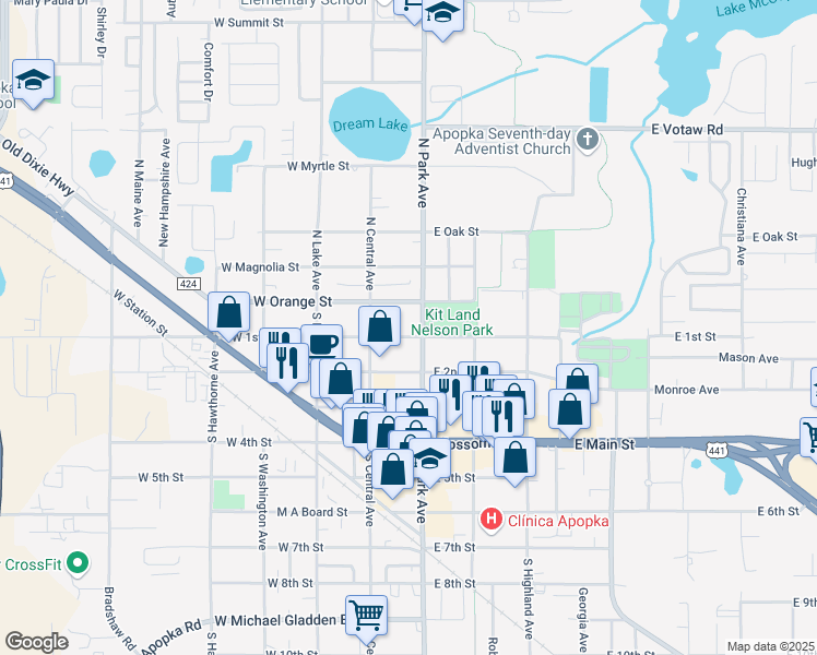 map of restaurants, bars, coffee shops, grocery stores, and more near 61 East 1st Street in Apopka