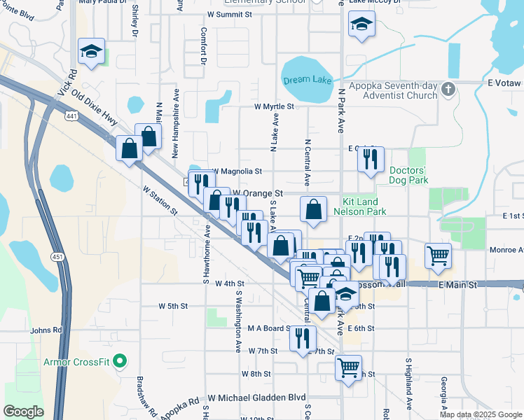 map of restaurants, bars, coffee shops, grocery stores, and more near 117 West 1st Street in Apopka