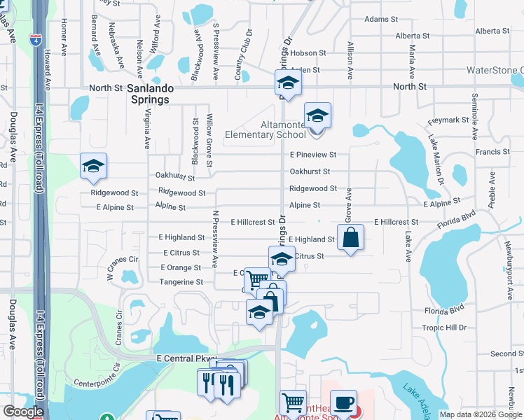 map of restaurants, bars, coffee shops, grocery stores, and more near 440 Alpine St in Altamonte Springs