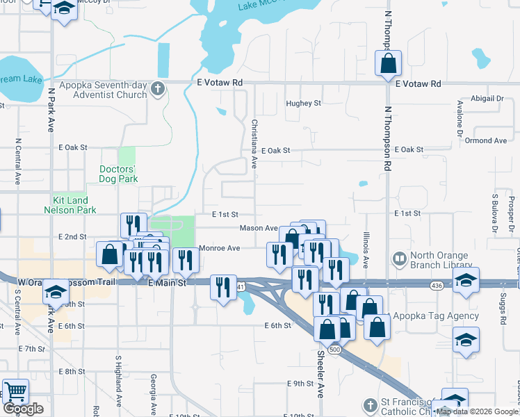 map of restaurants, bars, coffee shops, grocery stores, and more near 3 Christiana Avenue in Apopka