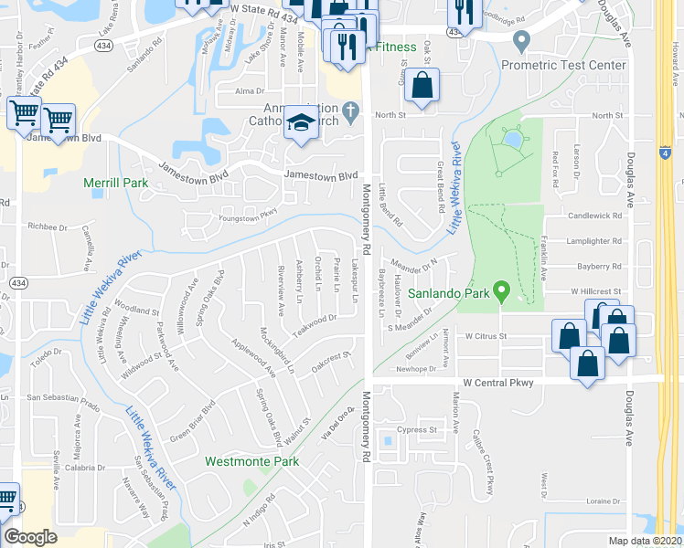 map of restaurants, bars, coffee shops, grocery stores, and more near 615 Prairie Lane in Altamonte Springs