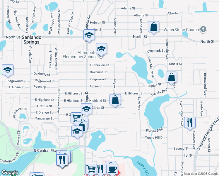 map of restaurants, bars, coffee shops, grocery stores, and more near 548 Alpine Street in Altamonte Springs