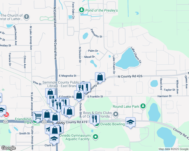 map of restaurants, bars, coffee shops, grocery stores, and more near 450 Godwin Street in Oviedo