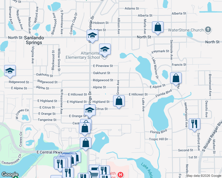map of restaurants, bars, coffee shops, grocery stores, and more near 548 Alpine Street in Altamonte Springs