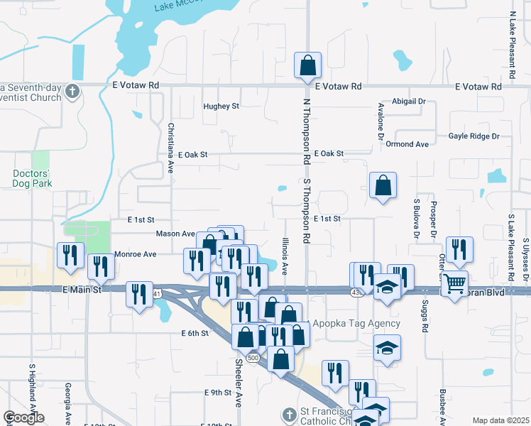map of restaurants, bars, coffee shops, grocery stores, and more near 1029 East 1st Street in Apopka