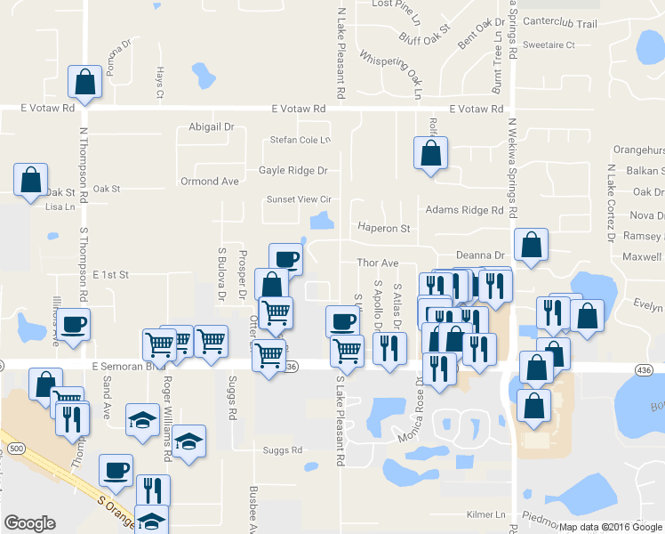 map of restaurants, bars, coffee shops, grocery stores, and more near 30 South Lake Pleasant Road in Apopka