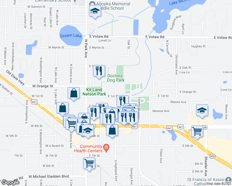 map of restaurants, bars, coffee shops, grocery stores, and more near 15 South Highland Avenue in Apopka