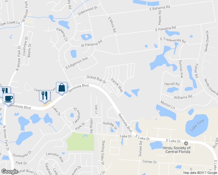 map of restaurants, bars, coffee shops, grocery stores, and more near 1621 Bonnie Rue Lane in Casselberry