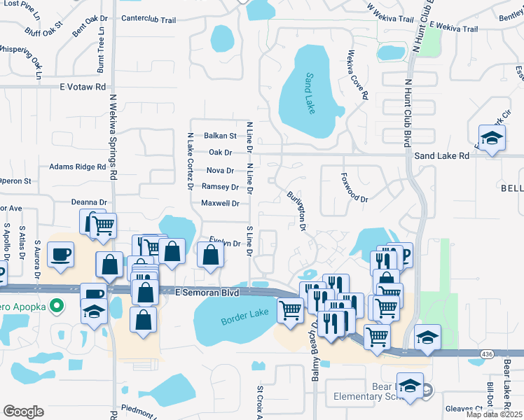 map of restaurants, bars, coffee shops, grocery stores, and more near 2620 Attleboro Place in Apopka