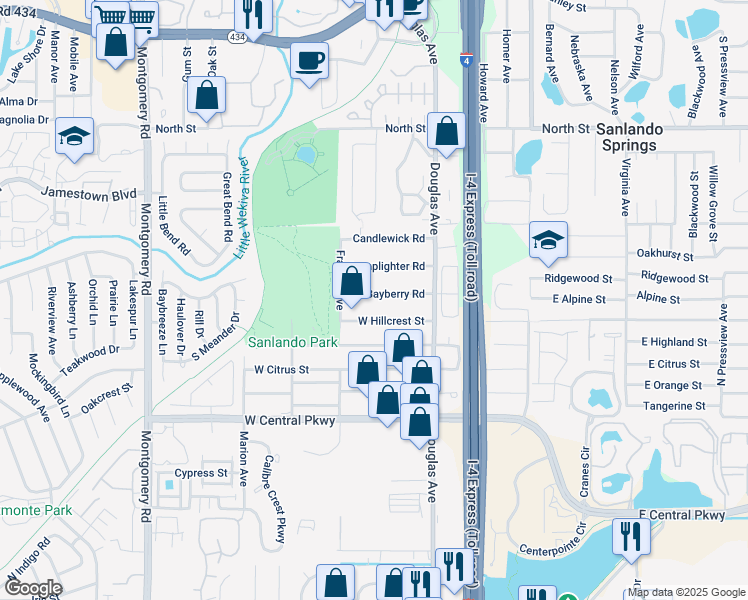 map of restaurants, bars, coffee shops, grocery stores, and more near 108 Bayberry Road in Altamonte Springs