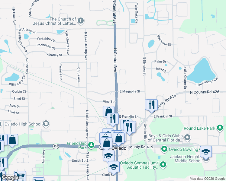 map of restaurants, bars, coffee shops, grocery stores, and more near 477 Florida 419 in Oviedo
