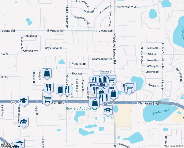 map of restaurants, bars, coffee shops, grocery stores, and more near 9 South Aurora Drive in Apopka