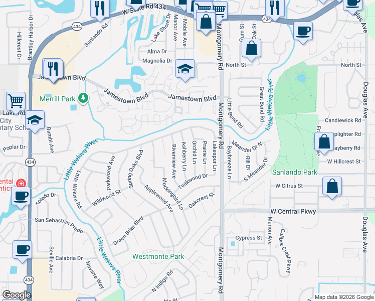 map of restaurants, bars, coffee shops, grocery stores, and more near 614 Orchid Lane in Altamonte Springs