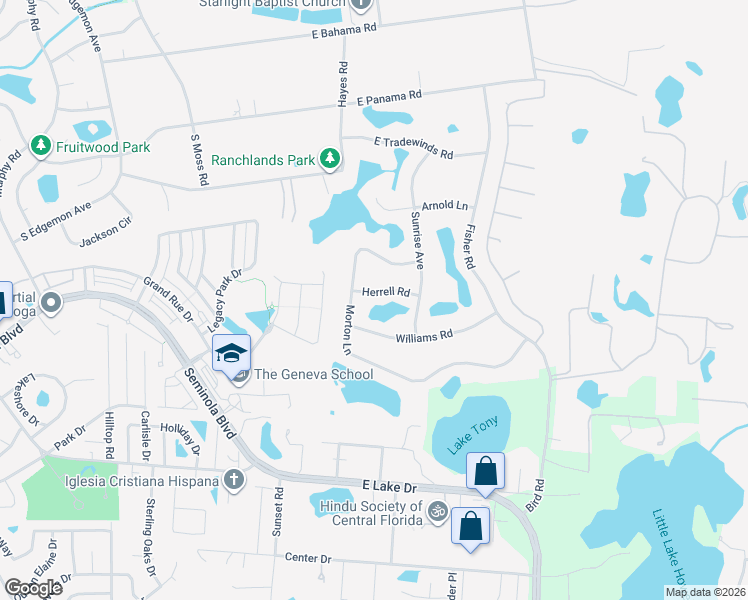 map of restaurants, bars, coffee shops, grocery stores, and more near 205 Herrell Road in Winter Springs