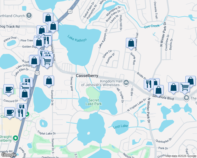 map of restaurants, bars, coffee shops, grocery stores, and more near 202 Soldier Square in Casselberry