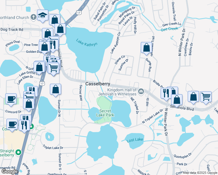 map of restaurants, bars, coffee shops, grocery stores, and more near 202 Soldier Square in Casselberry