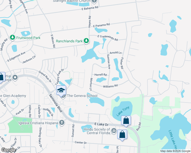 map of restaurants, bars, coffee shops, grocery stores, and more near 205 Herrell Road in Winter Springs