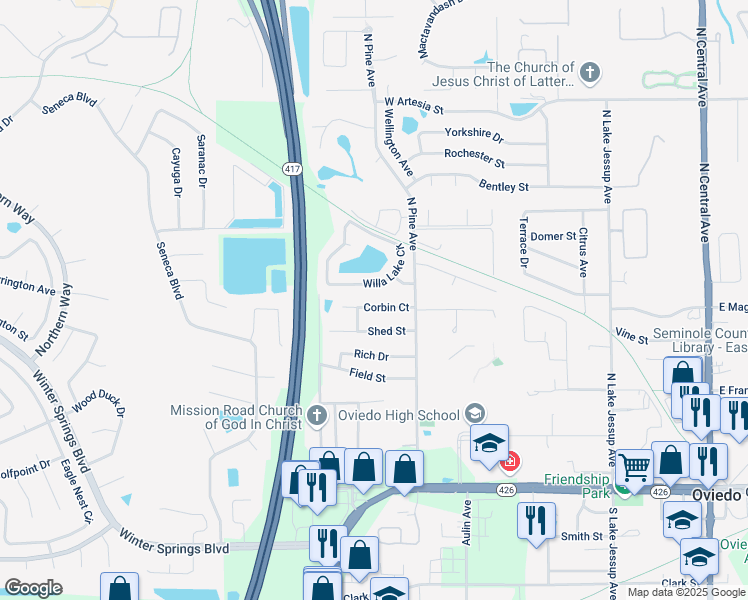 map of restaurants, bars, coffee shops, grocery stores, and more near 1017 Corbin Court in Oviedo