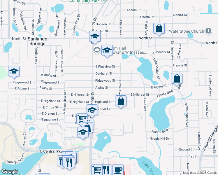 map of restaurants, bars, coffee shops, grocery stores, and more near Alpine Street in Altamonte Springs