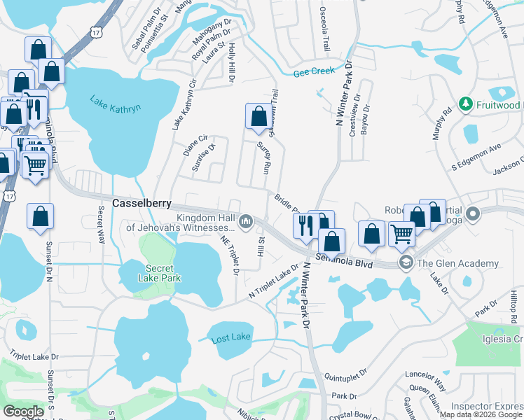 map of restaurants, bars, coffee shops, grocery stores, and more near 771 Seminola Boulevard in Casselberry
