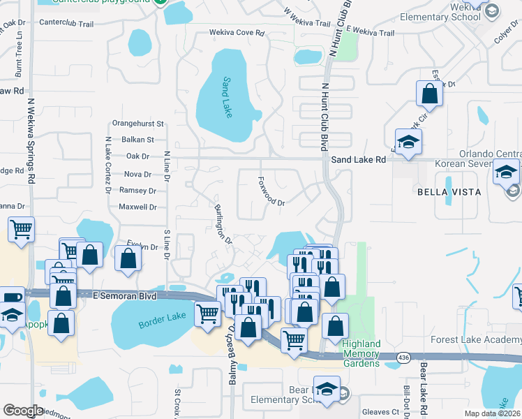 map of restaurants, bars, coffee shops, grocery stores, and more near 2 Orangewood Court in Apopka