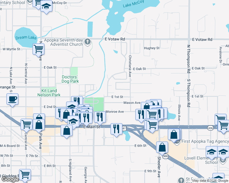 map of restaurants, bars, coffee shops, grocery stores, and more near 636 Falling Oak Cove in Apopka