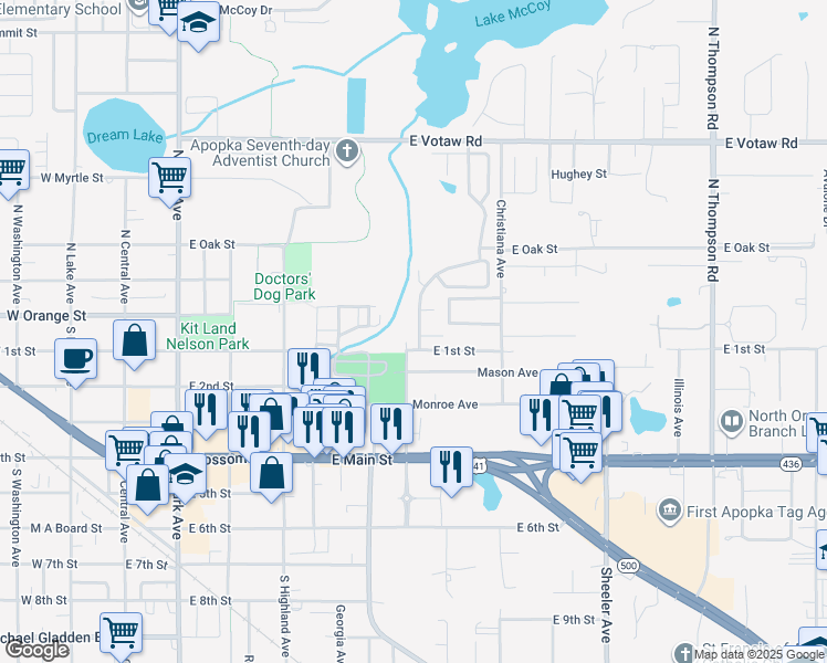 map of restaurants, bars, coffee shops, grocery stores, and more near 10 North McGee Avenue in Apopka