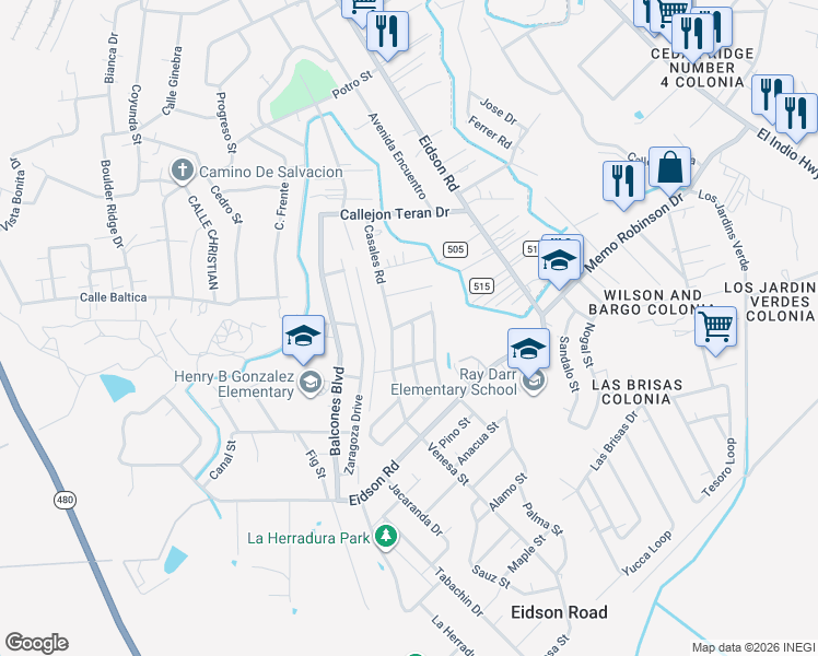 map of restaurants, bars, coffee shops, grocery stores, and more near 1054 Casales Road in Eagle Pass
