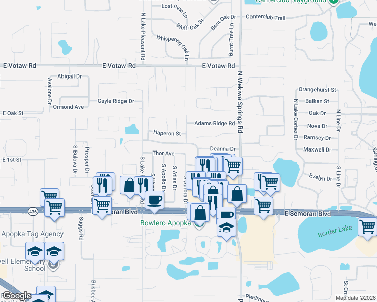 map of restaurants, bars, coffee shops, grocery stores, and more near 9 South Aurora Drive in Apopka