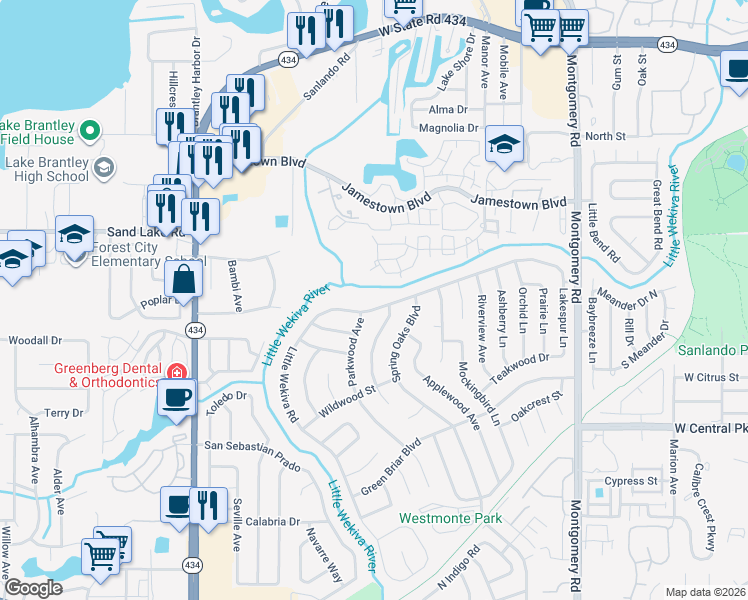 map of restaurants, bars, coffee shops, grocery stores, and more near 610 Little Wekiva Road in Altamonte Springs