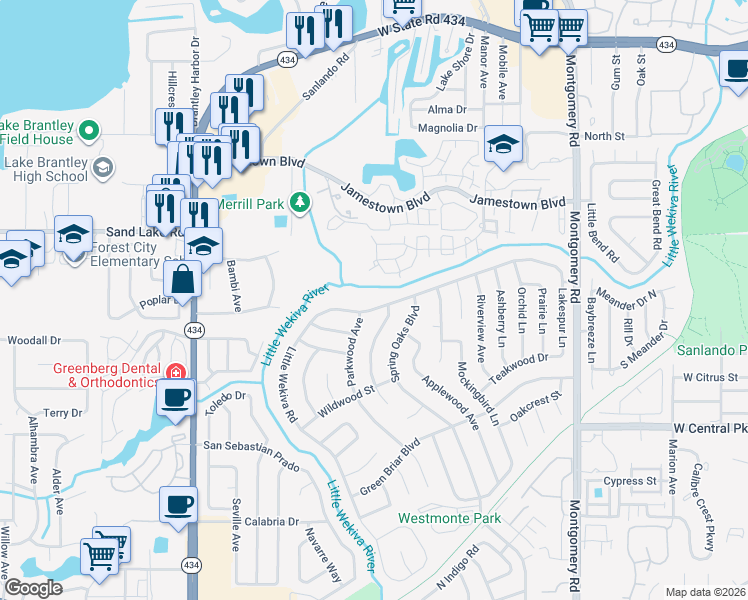map of restaurants, bars, coffee shops, grocery stores, and more near 610 Little Wekiva Road in Altamonte Springs
