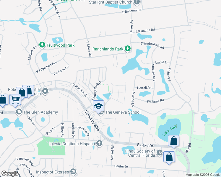map of restaurants, bars, coffee shops, grocery stores, and more near 1960 Grand Rue Drive in Casselberry