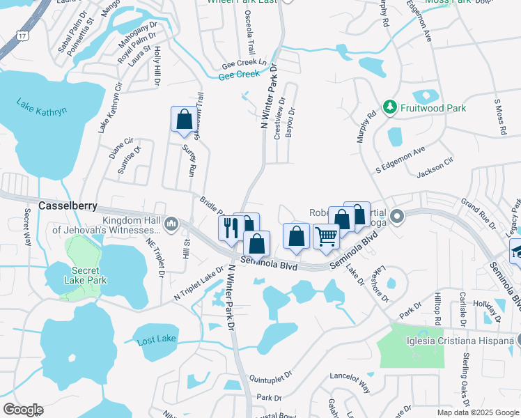 map of restaurants, bars, coffee shops, grocery stores, and more near 1021 Camelia Drive in Casselberry