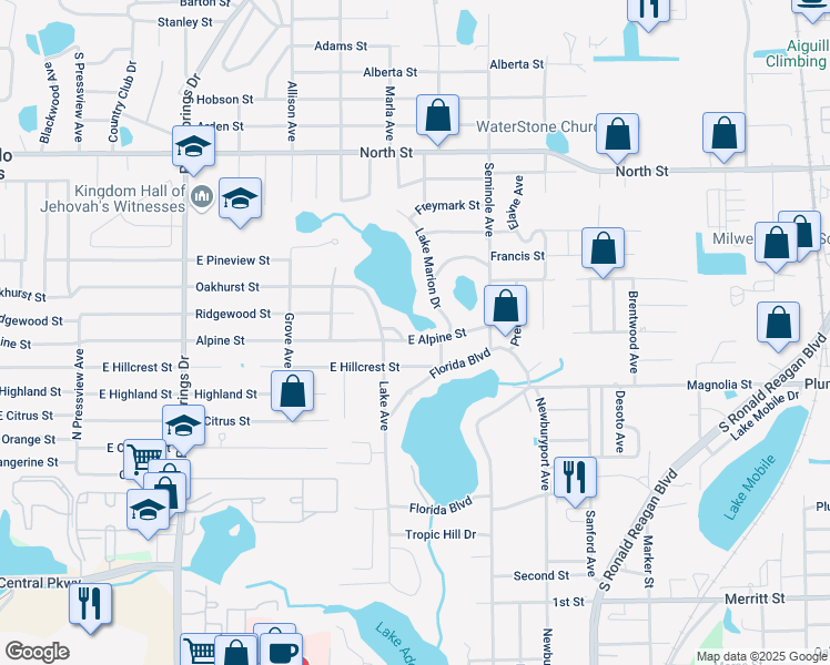 map of restaurants, bars, coffee shops, grocery stores, and more near 720 Alpine Street in Altamonte Springs