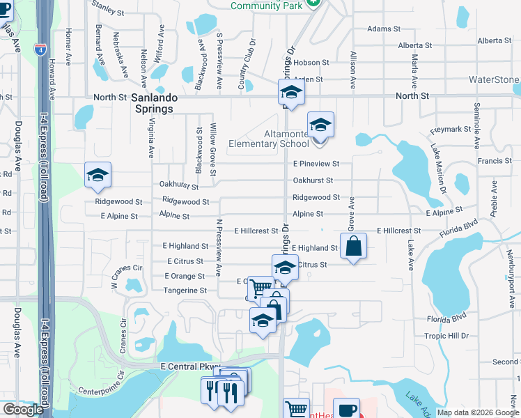 map of restaurants, bars, coffee shops, grocery stores, and more near 440 Alpine Street in Altamonte Springs