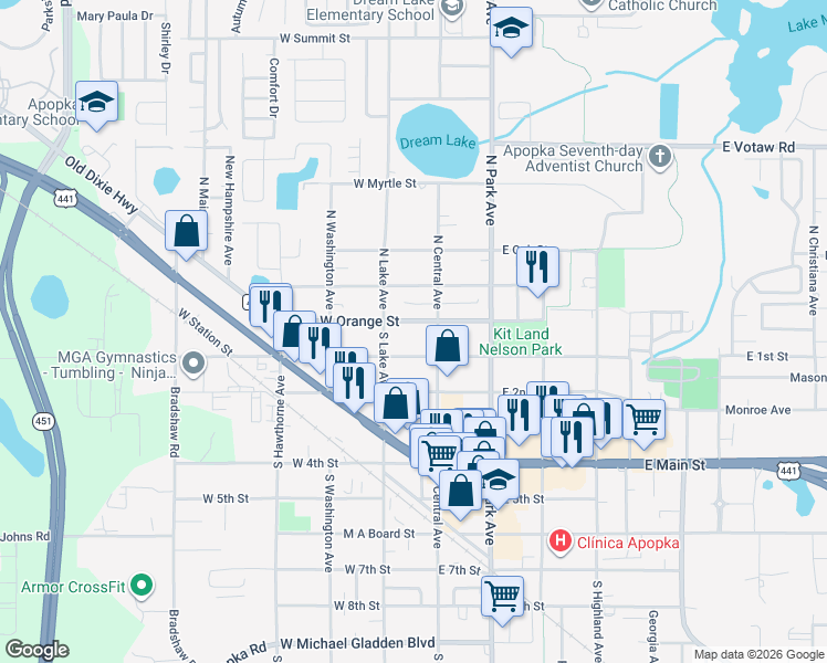 map of restaurants, bars, coffee shops, grocery stores, and more near 61 West 1st Street in Apopka