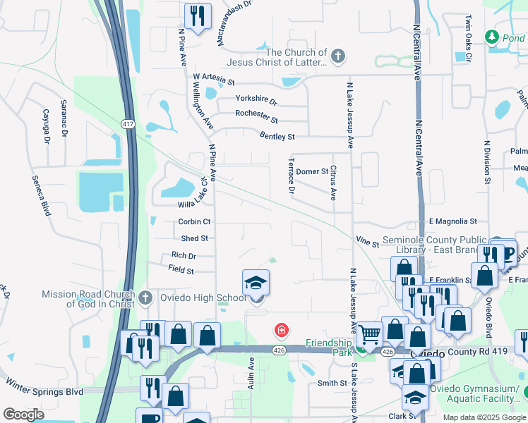 map of restaurants, bars, coffee shops, grocery stores, and more near 545 Kelly Green Street in Oviedo