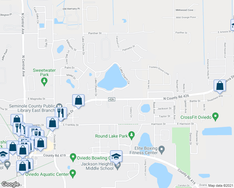 map of restaurants, bars, coffee shops, grocery stores, and more near 6179 Lake Charm Circle in Oviedo
