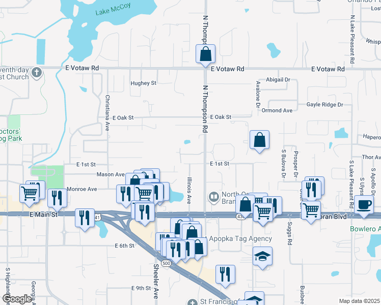 map of restaurants, bars, coffee shops, grocery stores, and more near 1057 Love Lane in Apopka