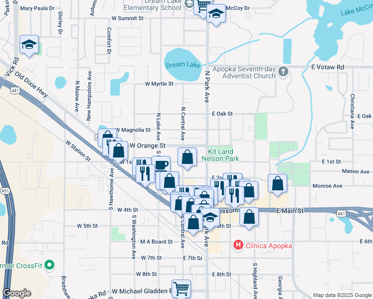 map of restaurants, bars, coffee shops, grocery stores, and more near 5 South Central Avenue in Apopka