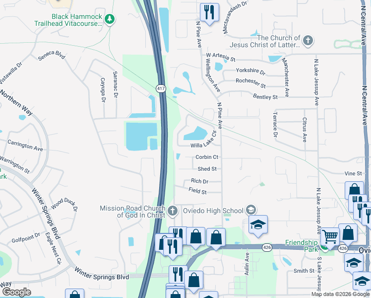 map of restaurants, bars, coffee shops, grocery stores, and more near 1017 Corbin Court in Oviedo