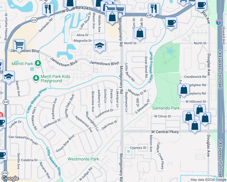 map of restaurants, bars, coffee shops, grocery stores, and more near 618 Lakespur Lane in Altamonte Springs