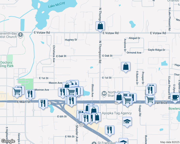 map of restaurants, bars, coffee shops, grocery stores, and more near 1029 East 1st Street in Apopka