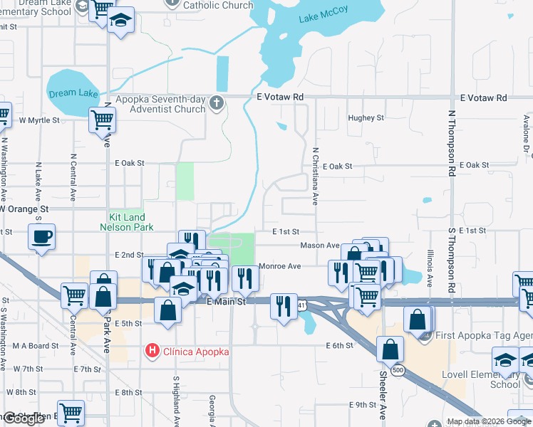 map of restaurants, bars, coffee shops, grocery stores, and more near 636 Falling Oak Cove in Apopka
