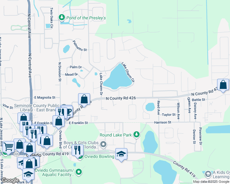 map of restaurants, bars, coffee shops, grocery stores, and more near in Oviedo
